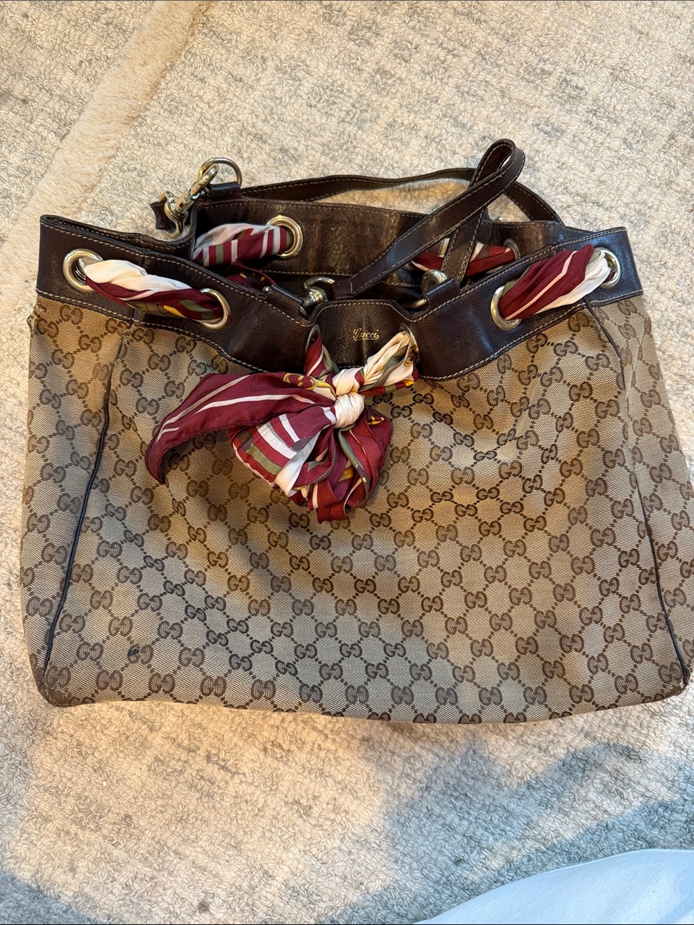 Gucci Brown GG Canvas Tote with Burgundy Scarf Accent